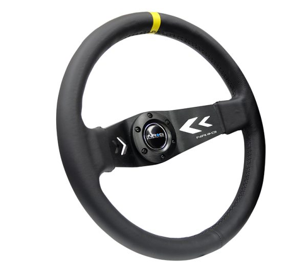 lmr NRG Sport Steering Wheel NRG Arrow cut out 350mm Leather (3" Deep) Black Suede, yellow Center Marking
