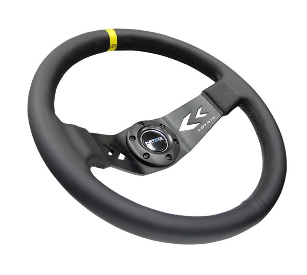 lmr NRG Sport Steering Wheel NRG Arrow cut out 350mm Leather (3" Deep) Black Suede, yellow Center Marking