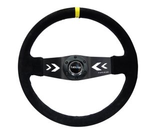NRG Sport Steering Wheel NRG Arrow cut out 350mm Suede (3″ Deep) Black Suede, yellow Center Marking
