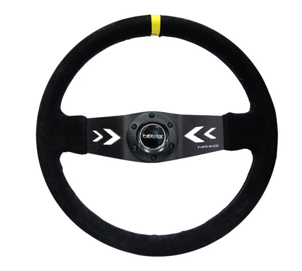 lmr NRG Sport Steering Wheel NRG Arrow cut out 350mm Suede (3" Deep) Black Suede, yellow Center Marking