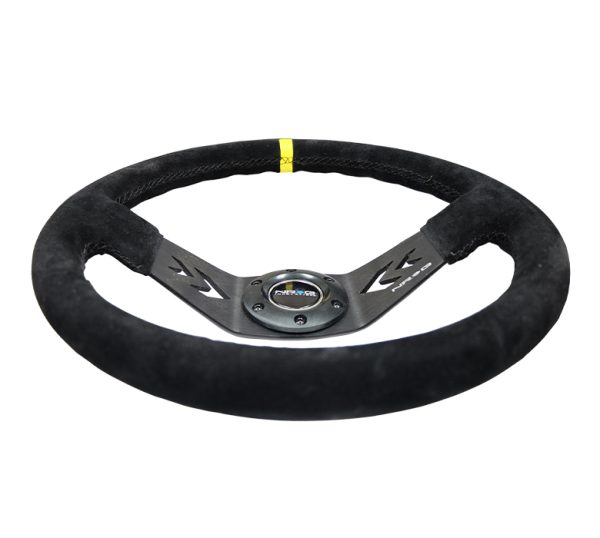 lmr NRG Sport Steering Wheel NRG Arrow cut out 350mm Suede (3" Deep) Black Suede, yellow Center Marking