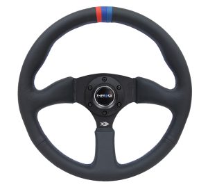 NRG 350mm Sport Leather Racing ( 2.5″ Deep) Comfort Grip, 4mm matte black spoke with m3 stitching and line