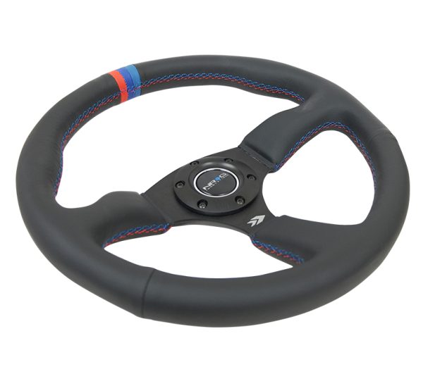 lmr NRG 350mm Sport Leather Racing ( 2.5" Deep) Comfort Grip, 4mm matte black spoke with m3 stitching and line