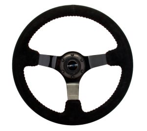 NRG 350mm sport steering wheel (3′ deep) black Suede with red baseball stitching – BLACK spoke