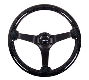 NRG Classic Black Sparkled Wood Grain Wheel (3″ Deep, 4mm ), 350mm, 3 Solid spoke center in Black