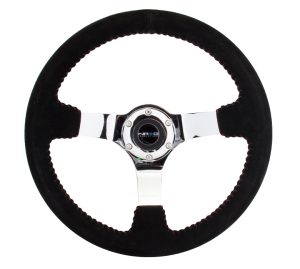 NRG 350mm sport steering wheel (3′ deep) black Suede with red baseball stitching – CHROME spoke
