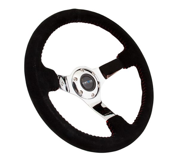 lmr NRG 350mm sport steering wheel (3' deep) black Suede with red baseball stitching - CHROME spoke