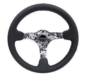 NRG Hydro Dipped Digital Camo 3″ Deep, 5mm spoke, 350mm Sport Steering Wheel Black Leather w/ Black baseball stitching