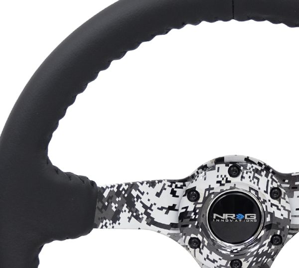 lmr NRG Hydro Dipped Digital Camo 3" Deep, 5mm spoke, 350mm Sport Steering Wheel Black Leather w/ Black baseball stitching