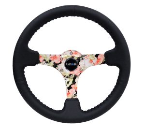 NRG Hydro Dipped Tropical Floral 3″ Deep, 5mm spoke, 350mm Sport Steering Wheel Black Leather w/ Black baseball stitching