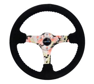 NRG Hydro Dipped Tropical Floral 3″ Deep, 5mm spoke, 350mm Sport Steering Wheel Black Suede w/ Black baseball stitching