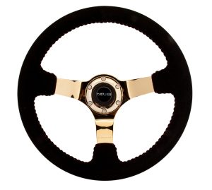 NRG 350mm sport steering wheel (3′ deep) black Suede with red baseball stitching – CHROME GOLD spoke
