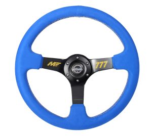 NRG Matt Field Signature 3″ Deep, 5mm matte black spoke, 350mm Sport Steering Wheel Blue Alcantara w/ Yellow Criss cross stitching