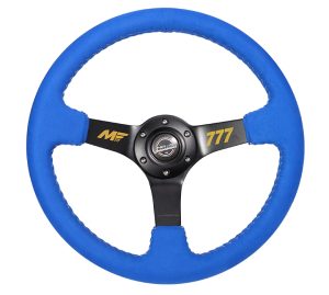NRG Matt Field Signature 3″ Deep, 5mm matte black spoke, 350mm Sport Steering Wheel Blue Alcantara w/ Yellow baseball stitching
