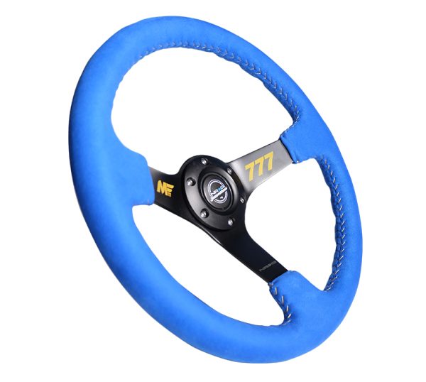lmr NRG Matt Field Signature 3" Deep, 5mm matte black spoke, 350mm Sport Steering Wheel Blue Alcantara w/ Yellow baseball stitching