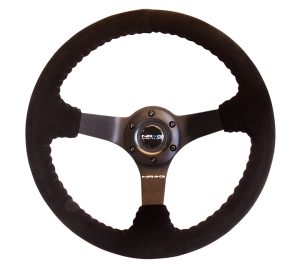 NRG Odi signature RACE STYLE – 350mm sport steering wheel (3′ deep) black Suede w/ Black baseball stitching – Matte Black spoke