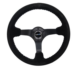 NRG 3″ Deep, 5mm matte black spoke, 350mm Sport Steering Wheel Black suede w/ Black baseball stitching