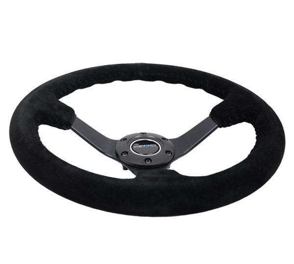 lmr NRG 3" Deep, 5mm matte black spoke, 350mm Sport Steering Wheel Black suede w/ Black baseball stitching