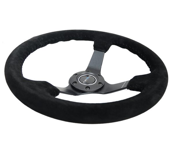 lmr NRG 3" Deep, 5mm matte black spoke, 350mm Sport Steering Wheel Black suede w/ Black baseball stitching