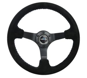 NRG 3″ Deep, 5mm matte black spoke, 350mm Sport Steering Wheel Black suede w/ Blue baseball stitching