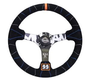 NRG Kyle Mohan Signature 3″ Deep, 5mm matte black spoke, 350mm Sport Steering Wheel Black suede w/ color stitching