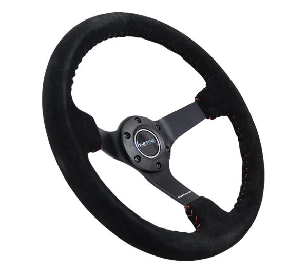 lmr NRG 3" Deep, 5mm matte black spoke, 350mm Sport Steering Wheel Black suede w/ Red baseball stitching