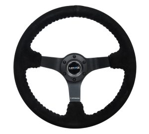 NRG 3″ Deep, 5mm matte black spoke, 350mm Sport Steering Wheel Black suede w/ Silver baseball stitching