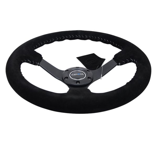 lmr NRG 3" Deep, 5mm matte black spoke, 350mm Sport Steering Wheel Black suede w/ Silver baseball stitching