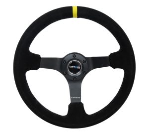 NRG 3″ Deep, 5mm matte black spoke, 350mm Sport Steering Wheel Black suede w/ Black criss cross stitching and Yellow Center Mark