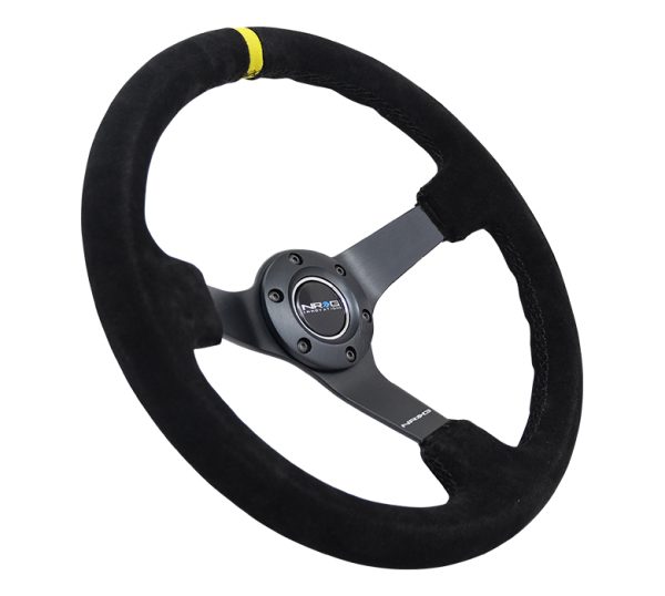 lmr NRG 3" Deep, 5mm matte black spoke, 350mm Sport Steering Wheel Black suede w/ Black criss cross stitching and Yellow Center Mark