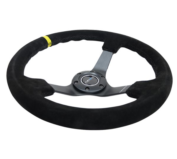 lmr NRG 3" Deep, 5mm matte black spoke, 350mm Sport Steering Wheel Black suede w/ Black criss cross stitching and Yellow Center Mark