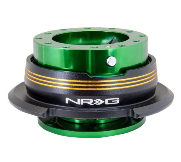 lmr NRG Quick Release Kit Gen 2.9 Dual Stripe Edition - Grön Bas / Svart Ring med Kromad Guld Horisontella Stripes