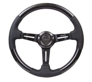 NRG CARBON FIBER STEERING WHEEL W/ LEATHER ACCENT 350mm 1.5″ DEEP BLACK STICHING
