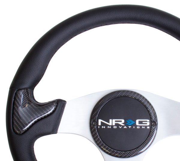 lmr NRG CARBON FIBER STEERING WHEEL 350mm SILVER frame blk stitching w/ RUBBER COVER HORN BUTTON