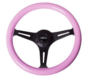 NRG Wood Steering Wheel 350mm 3 black spokes – solid pink painted grip