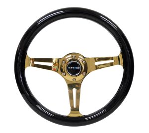 NRG Wood Steering Wheel 350mm 3 Chrome Gold Spokes – Black Grip