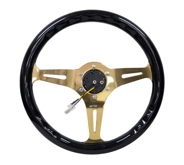 lmr NRG Wood Steering Wheel 350mm 3 Chrome Gold Spokes - Black Grip