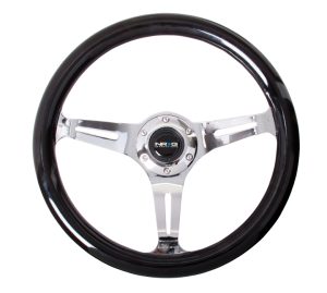 NRG Wood Steering Wheel 350mm 3 Brushed aluminum spokes – Black Grip