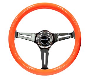 NRG Wood Steering Wheel 350mm 3 chrome spokes – Neon ORANGE Color