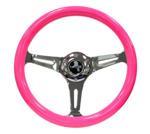 NRG Wood Steering Wheel 350mm 3 chrome spokes – Neon PINK Color