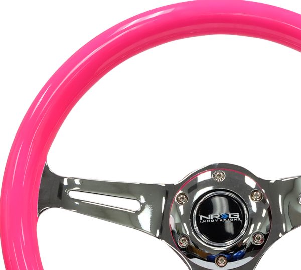 lmr NRG Wood Steering Wheel 350mm 3 chrome spokes - Neon PINK Color