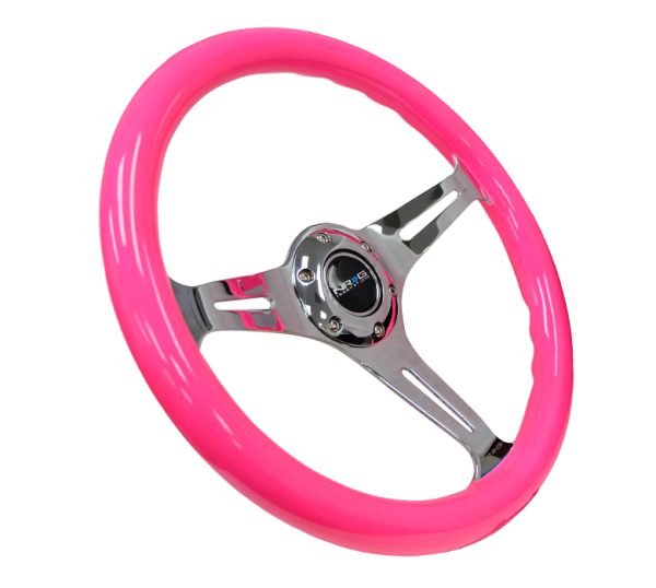 lmr NRG Wood Steering Wheel 350mm 3 chrome spokes - Neon PINK Color