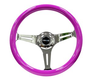 NRG Wood Steering Wheel 350mm 3 chrome spokes – Neon PURPLE Color