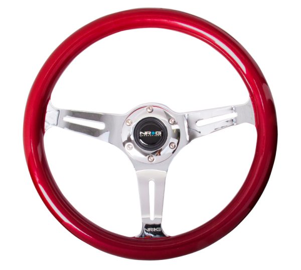 lmr NRG Wood Steering Wheel 350mm 3 chrome spokes - red pearl/flake paint