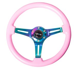 NRG Wood Steering Wheel 350mm 3 Neochrome spokes – solid pink painted grip