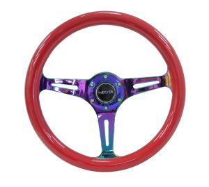 NRG Wood Steering Wheel 350mm 3 Neochrome spokes – Red grip