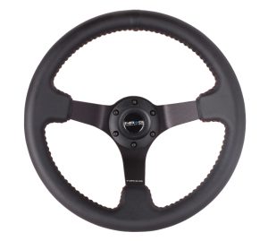 NRG 350mm Sport wheel – Black Leather, Red Baseball Stitch, Black spoke