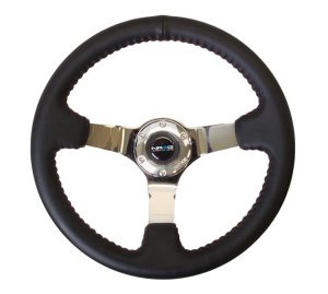 NRG 350mm Sport wheel – Black Leather, Red Baseball Stitch, Chrome spk – Yellow stripe