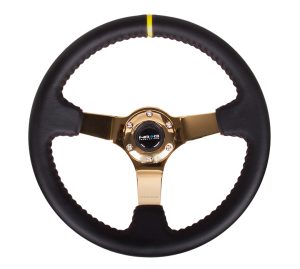 NRG 350mm Sport wheel – Black Leather, Red Baseball Stitch, Gold spoke – Yellow Stripe