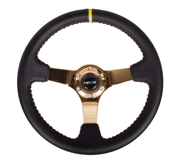 lmr NRG 350mm Sport wheel - Black Leather, Red Baseball Stitch, Gold spoke - Yellow Stripe